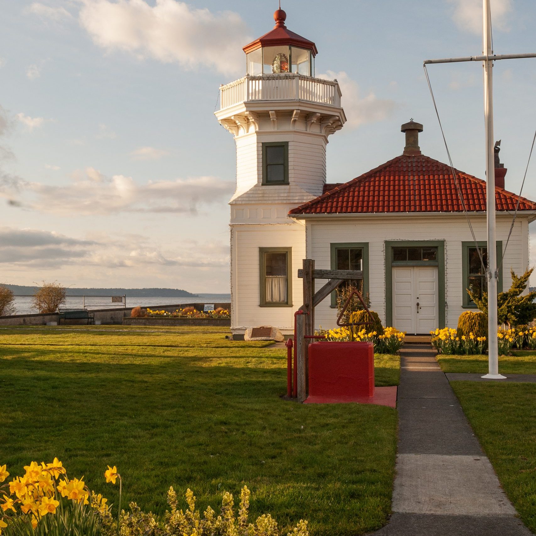 Beautiful Washington lighthouse with daffodils in spring