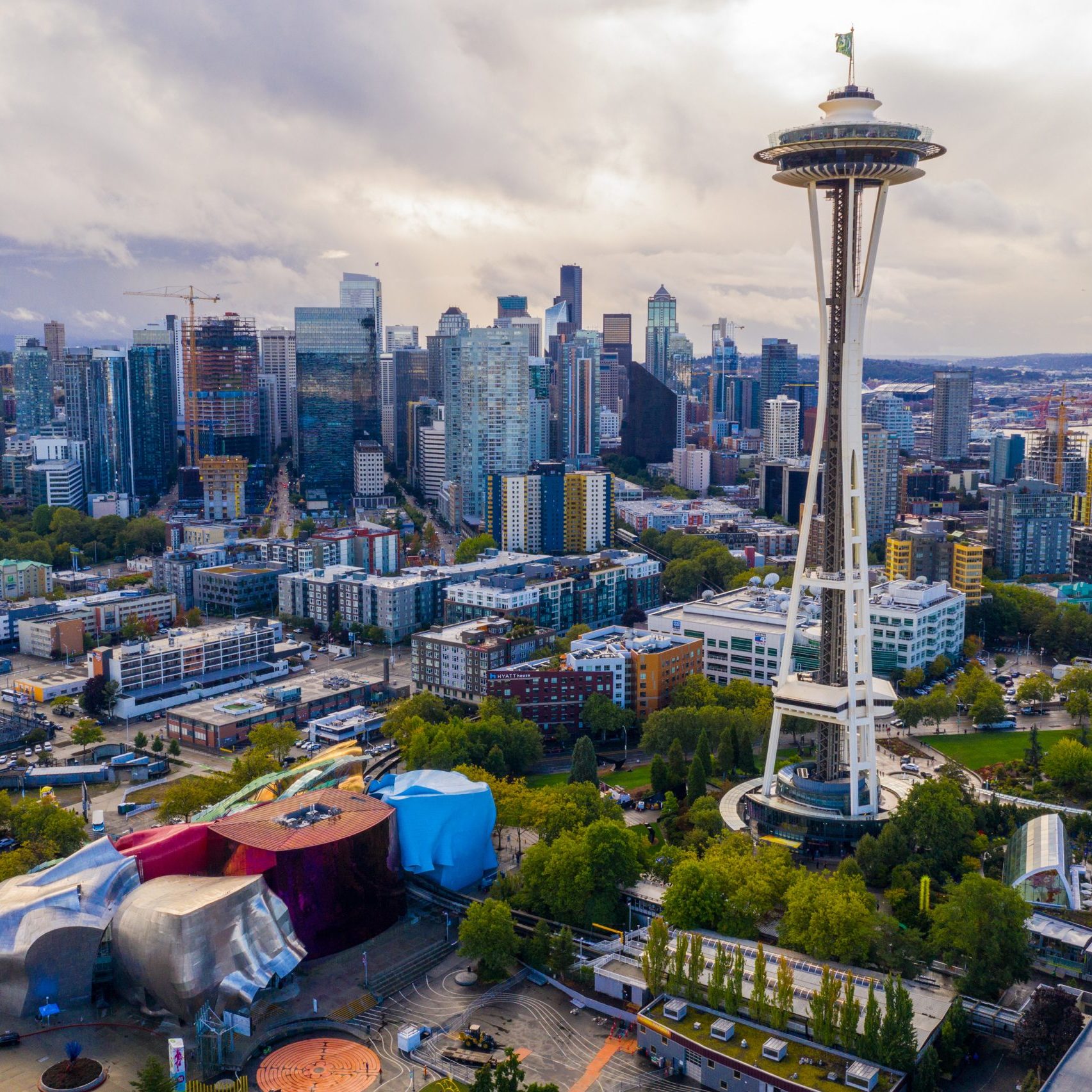 Aerial drone photo of the Seattle Space Needle and downtown